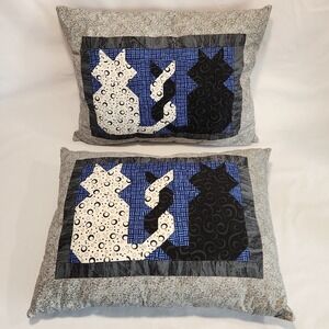 Set of 2 Handmade Quilted Cat Pillows 17x14 Black Blue White Intertwined Tails